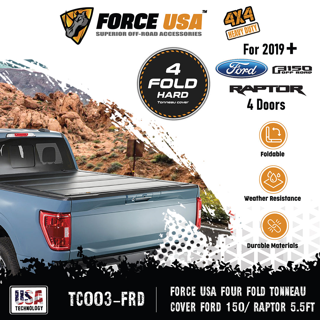 Force USA Four‑Fold Hard Tonneau Cover, 5.5 ft & 6.5ft Bed for Ford F‑150 & Raptor, ABS Plastic Panels, Clamp-On Installation, All‑Weather Protection