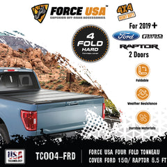 Force USA Four‑Fold Hard Tonneau Cover, 5.5 ft & 6.5ft Bed for Ford F‑150 & Raptor, ABS Plastic Panels, Clamp-On Installation, All‑Weather Protection