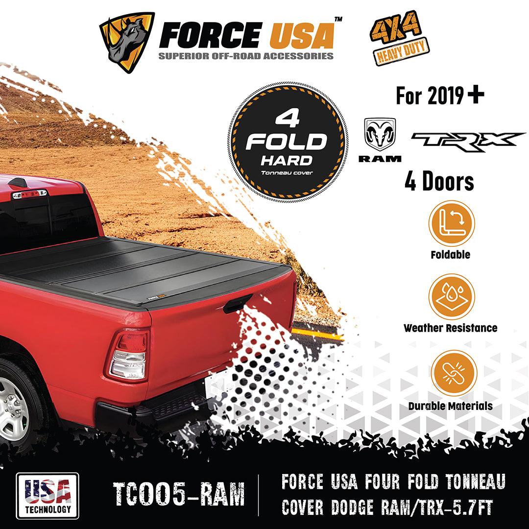 Force USA Four‑Fold Hard Tonneau Cover, 5.7 ft Bed for Dodge Ram/TRX-ABS Plastic Panels, Clamp‑On, All‑Weather Protection