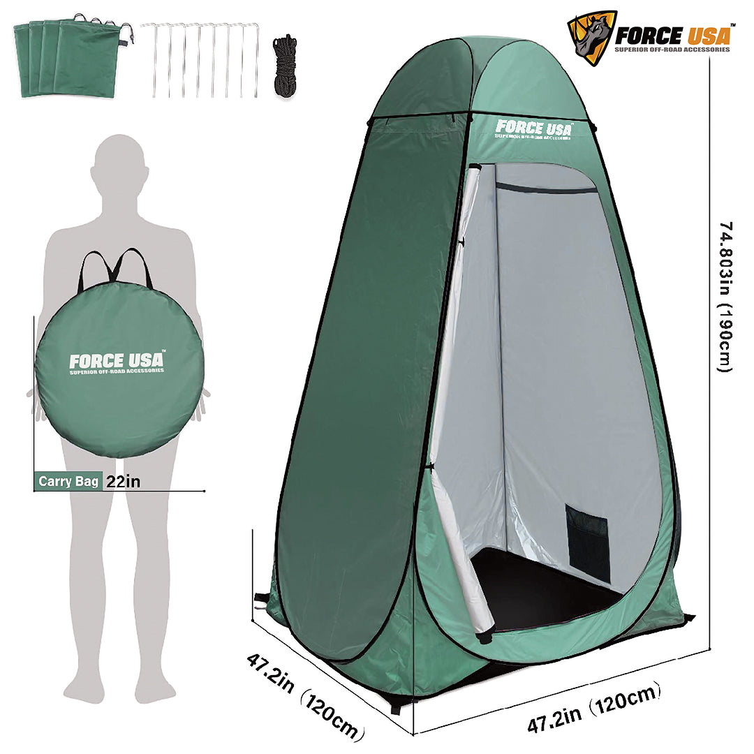 Force USA Green Portable Pop Up Shower Tent Spacious Changing Room for Camping, Hiking, Beach, Toilet, Shower, Bathroom