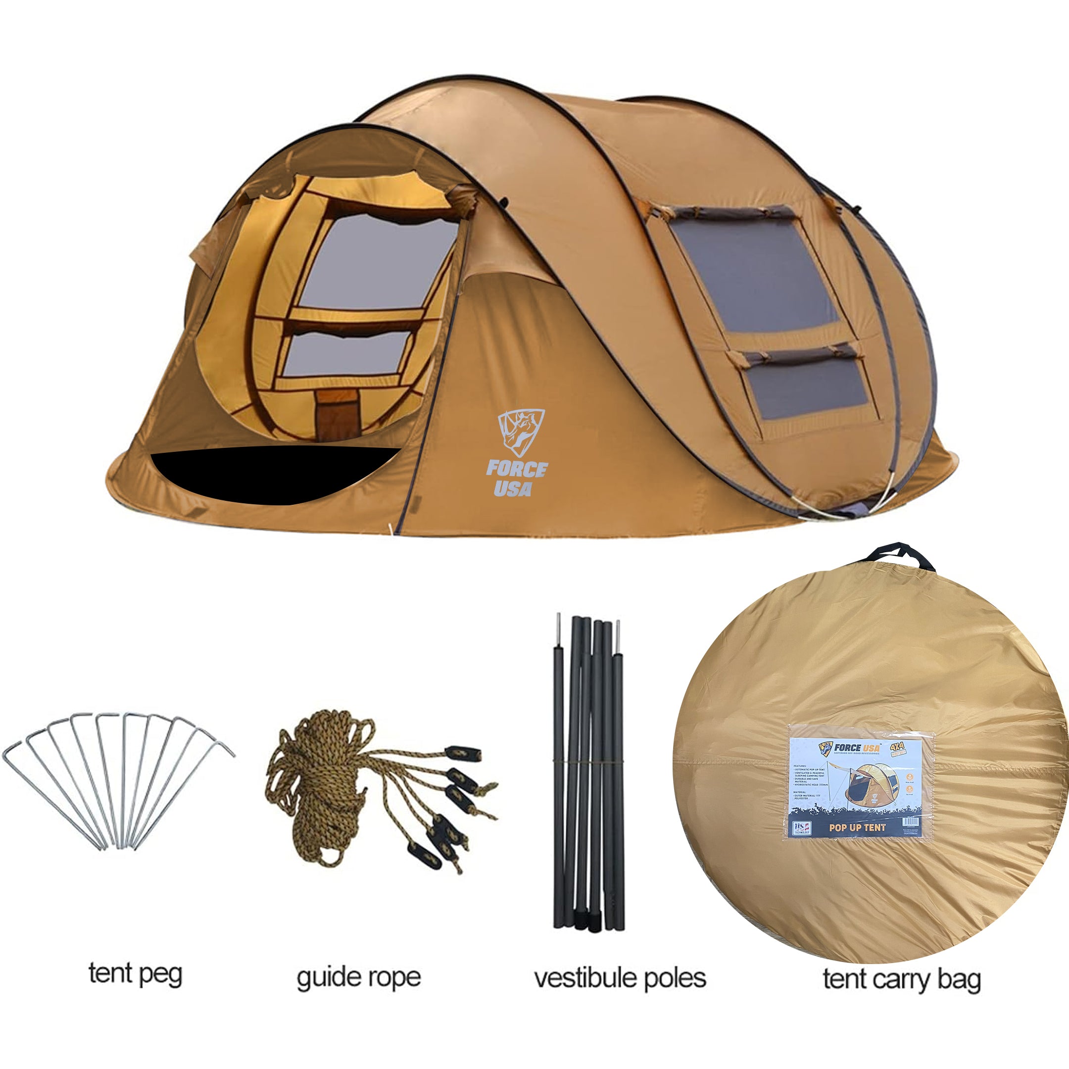 FORCE USA Pop-Up Camping Tent – Automatic Setup, Waterproof & Sunproof, Ventilated Design, Durable 190T Polyester, Hydrostatic Head 2000mm – For 2-3 Person Outdoor Use