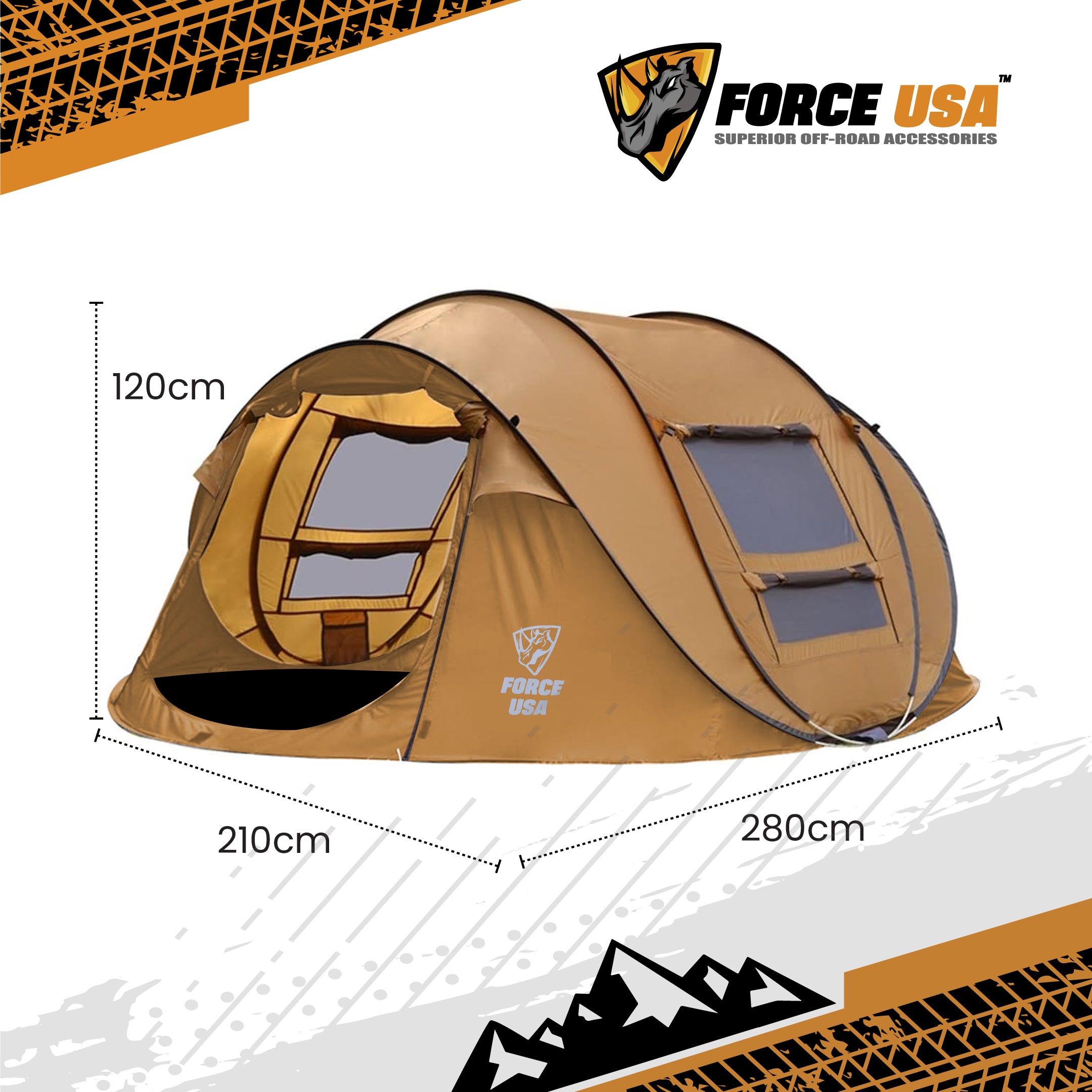 FORCE USA Pop-Up Camping Tent – Automatic Setup, Waterproof & Sunproof, Ventilated Design, Durable 190T Polyester, Hydrostatic Head 2000mm – For 2-3 Person Outdoor Use
