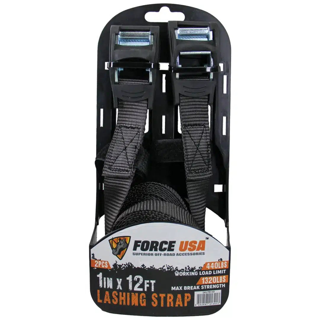 FORCE USA Lashing Tie-Down Straps – 1x12FT (2PCS/Set), Heavy-Duty Cargo Straps with Hooks