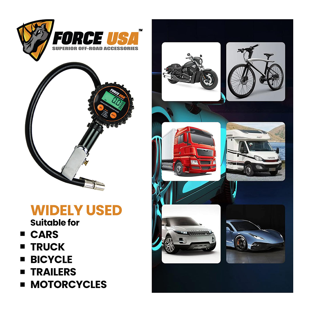 Force USA Digital Tire Inflator & Deflator, 3 in 1 Function, Accurate Air Pressure Reading & Adjustment Tool, Inflation Tool, & Deflation Tool, with Nice Digital LED Display & Portable Case, Compatible with All Cars, Trucks, Bicycles, & Motorcycles