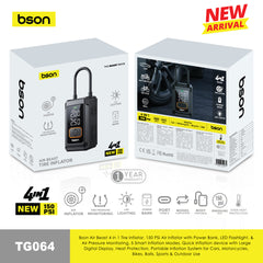 Bson Air Beast 4-in-1 Tire Inflator – 150 PSI power with fast inflation, 5 smart modes, air pressure monitoring, large digital display, heat protection, built-in LED flashlight & power bank. Ideal for cars, bikes, balls, and outdoor emergencies.