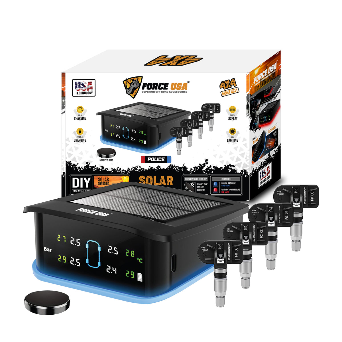 Force USA Solar TPMS-Wireless Tire Pressure Monitoring System with Real-Time Display, Solar Charging, Fast Alerts & High-Precision Sensors