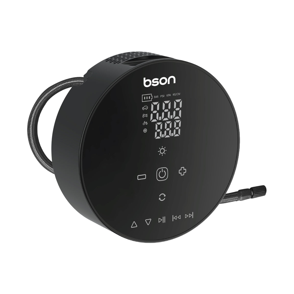 The Bson Bluetooth Speaker Inflator is a powerful 4-in-1 multi-function device combining an air pump, Bluetooth speaker, LED lighting, and power bank into one compact, portable unit.