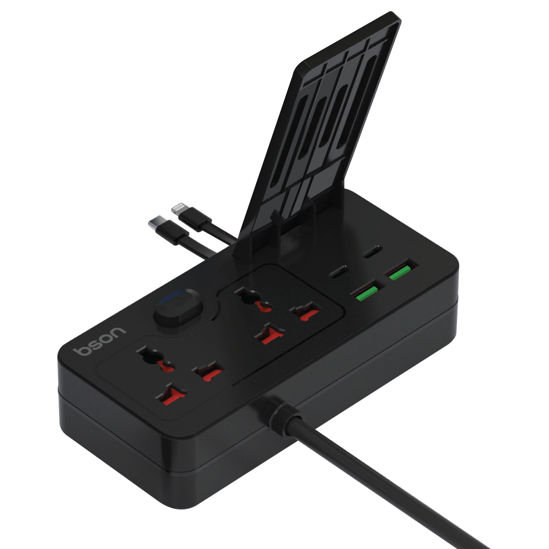 BSON Multi-Power Socket Extension 8-port fast-charging power socket with built-in cables and detachable mobile stand for convenient, organized charging.