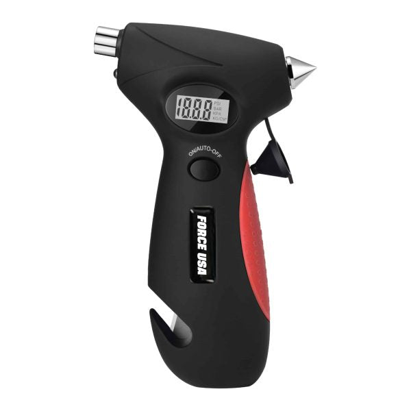 FORCE USA 5-in-1 Digital Tire Pressure Gauge – Multifunction Car Safety Tool with Pressure Gauge, Hammer, Seat Belt Cutter, Tread Depth Gauge & LED Light