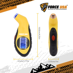 Force USA Compact Digital Tire Gauge, Portable Tire Measurment Tool for Safer Driving & Extended Tire Life, Precise & Accurate Reading, with Digital LED Display & Multiple Reading Metrics, Bar, PSI, KG/CM, Yellow Color