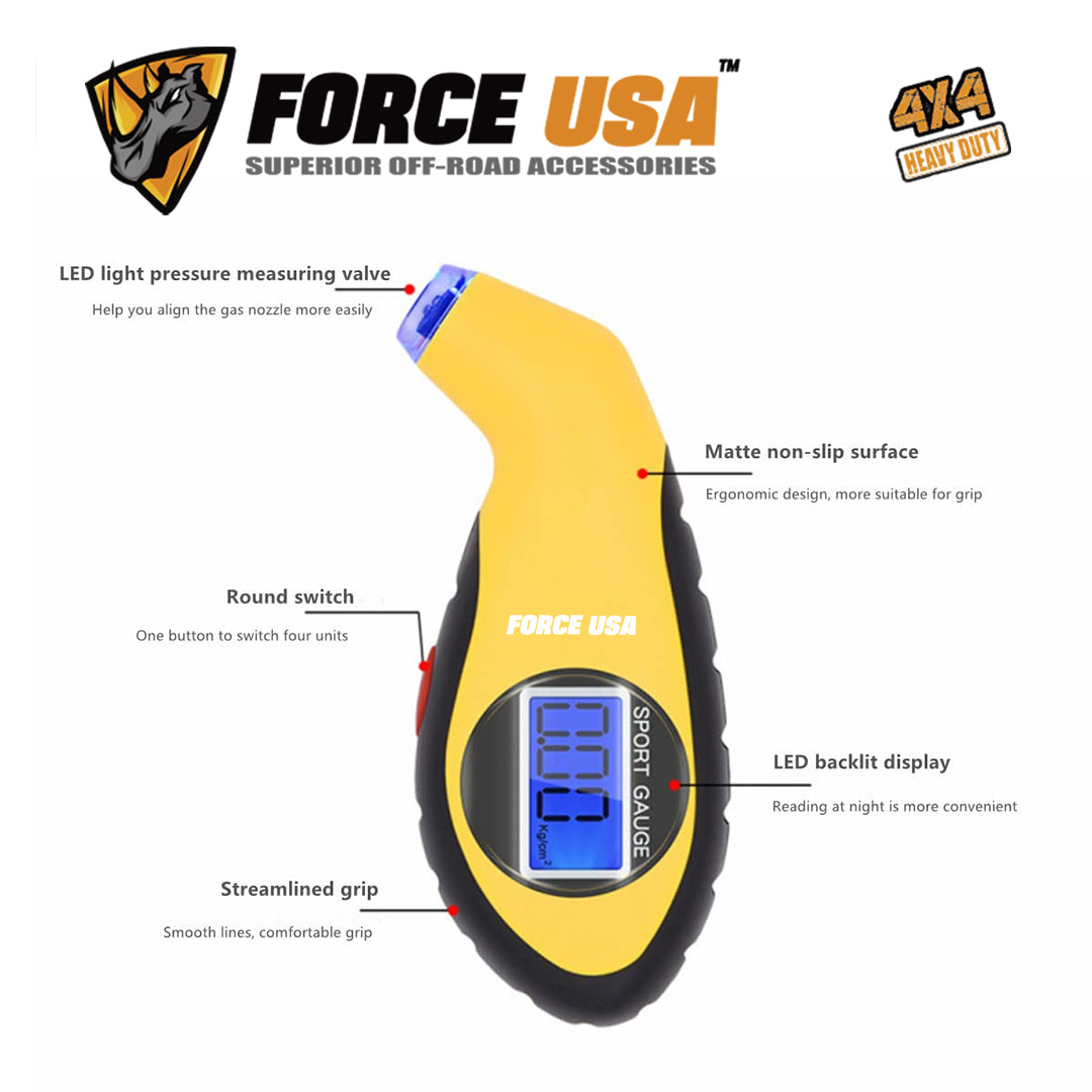 Force USA Compact Digital Tire Gauge, Portable Tire Measurment Tool for Safer Driving & Extended Tire Life, Precise & Accurate Reading, with Digital LED Display & Multiple Reading Metrics, Bar, PSI, KG/CM, Yellow Color