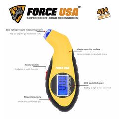 Force USA Compact Digital Tire Gauge, Portable Tire Measurment Tool for Safer Driving & Extended Tire Life, Precise & Accurate Reading, with Digital LED Display & Multiple Reading Metrics, Bar, PSI, KG/CM, Yellow Color